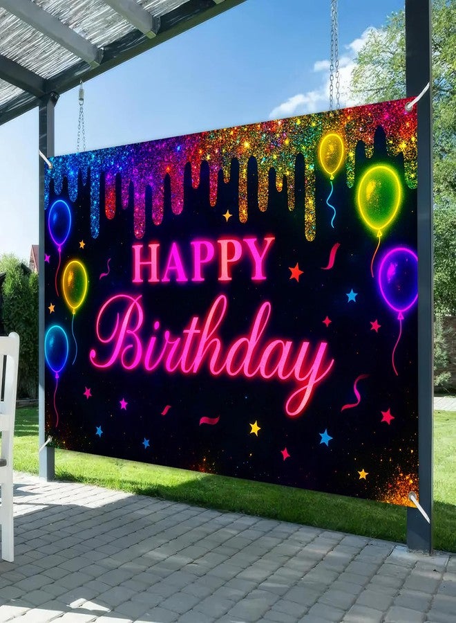 BlissYard Neon Happy Birthday Banner 71x43 Inch Glow in the dark Party Decoration Backdrop Colorful Balloons Stars Birthday Party Supplies Photo Booth Props For Girls or boys gifts - Image 2